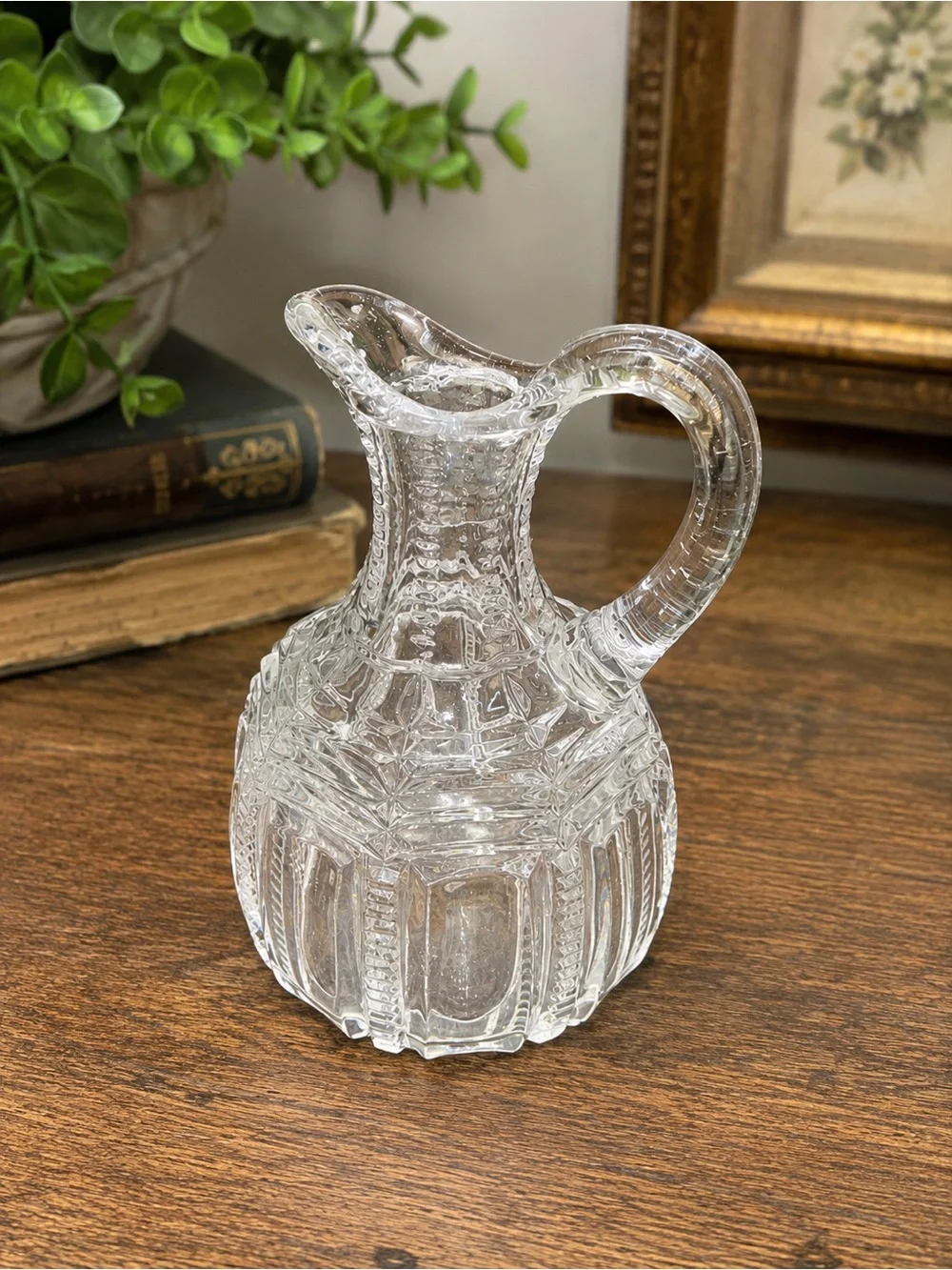 Antique EAPG Pressed Glass Pitcher Clear Heavy Cut Diamond Panel Pattern